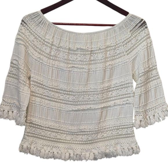 Mur Mur Tops - Mur Mur Off The Shoulder Lace Tassel Blouse White Cream Women's Size‎ Medium